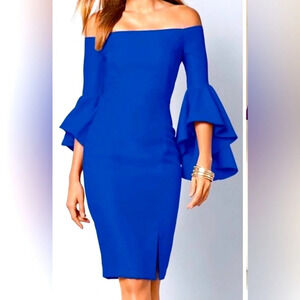 2/$15 VENUS Women Blue Dress Midi OffShoulder Ruffle Sleeve Square Neckline Hoco